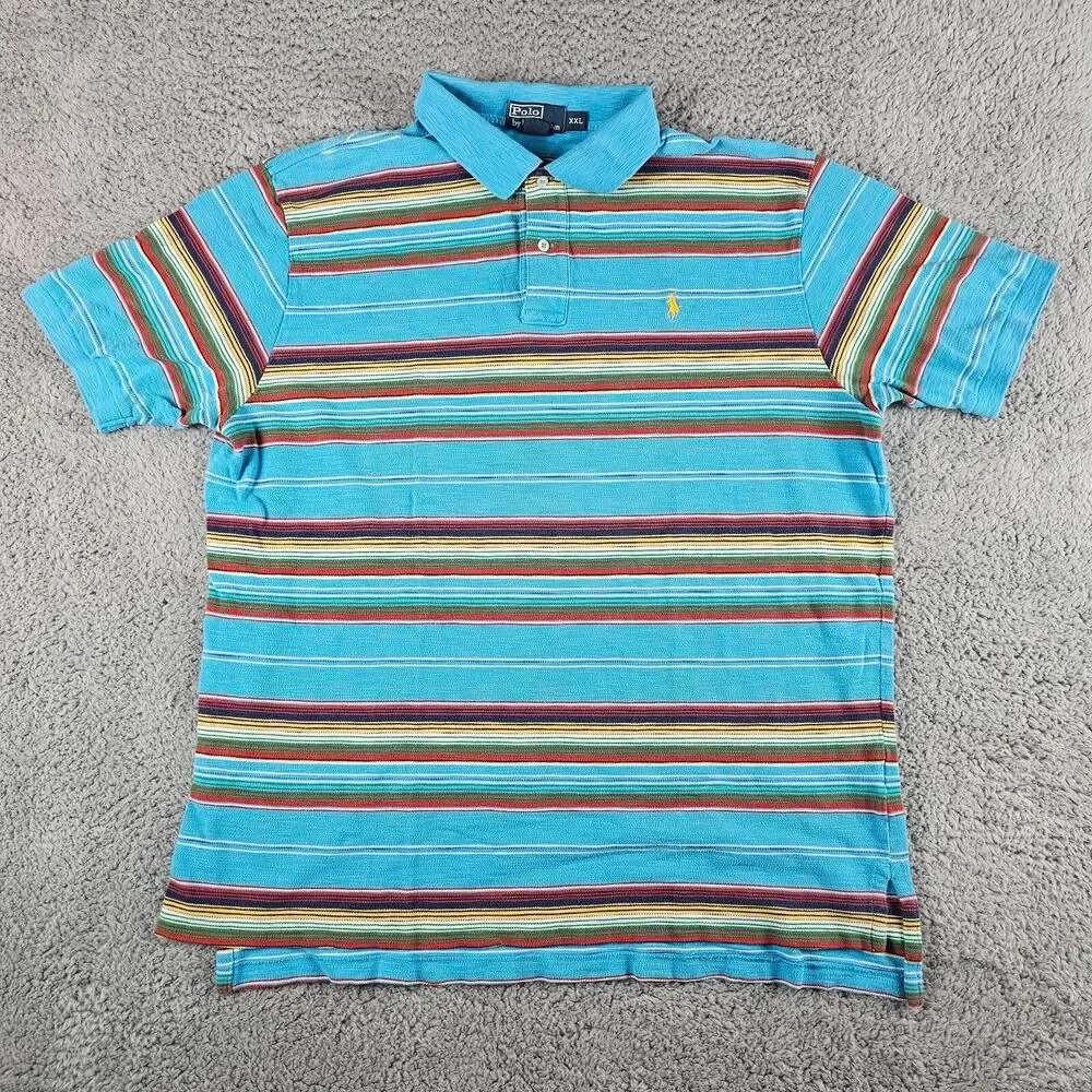 Vintage Polo Ralph Lauren Shirt Mens XXL Blue Striped Short Sleeve Preppy Casual